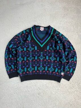 Tabasco Men's Black V-Neck Sweater with Teal, Purple & Red Pattern